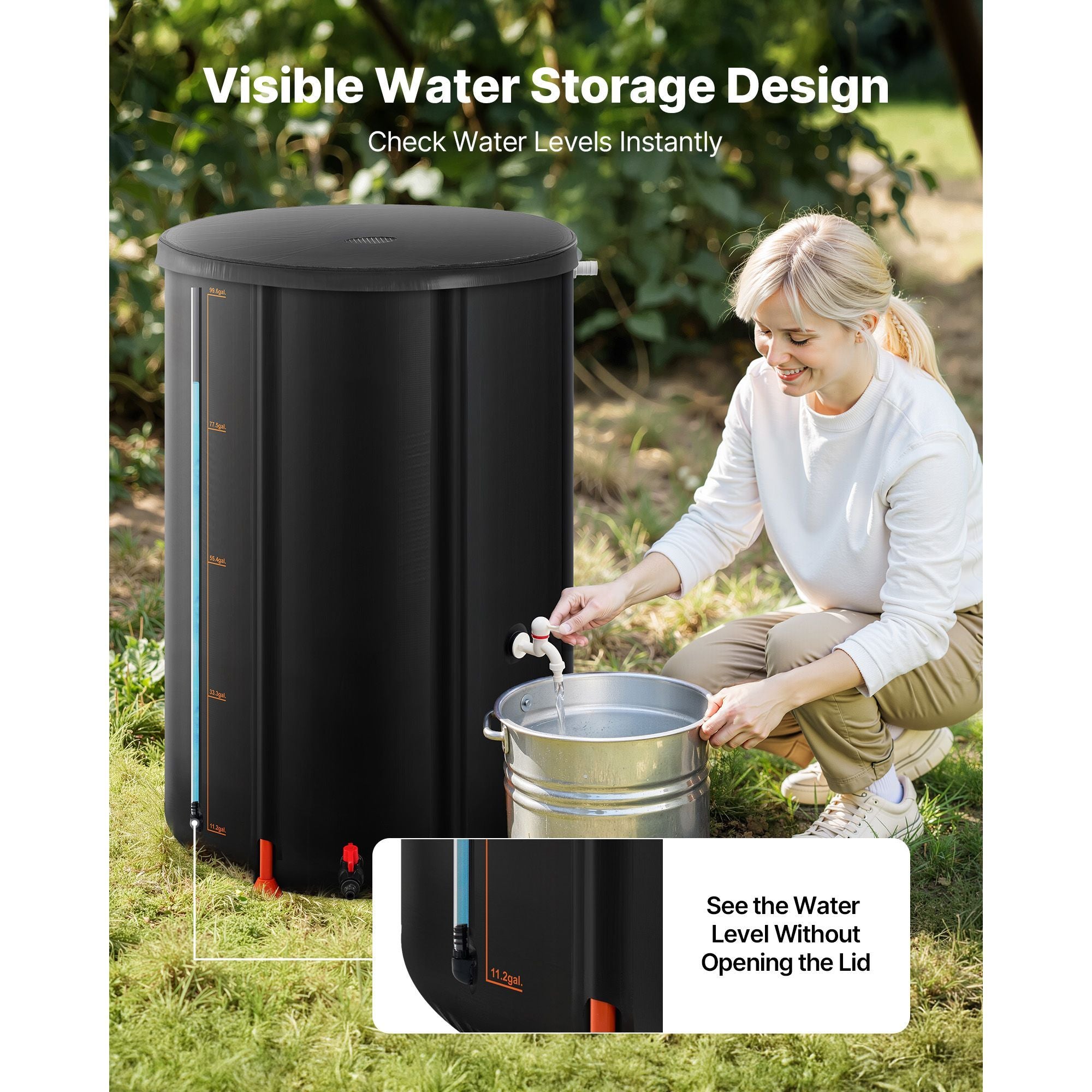 Collapsible Rain Barrel with Gauge and Mesh Top