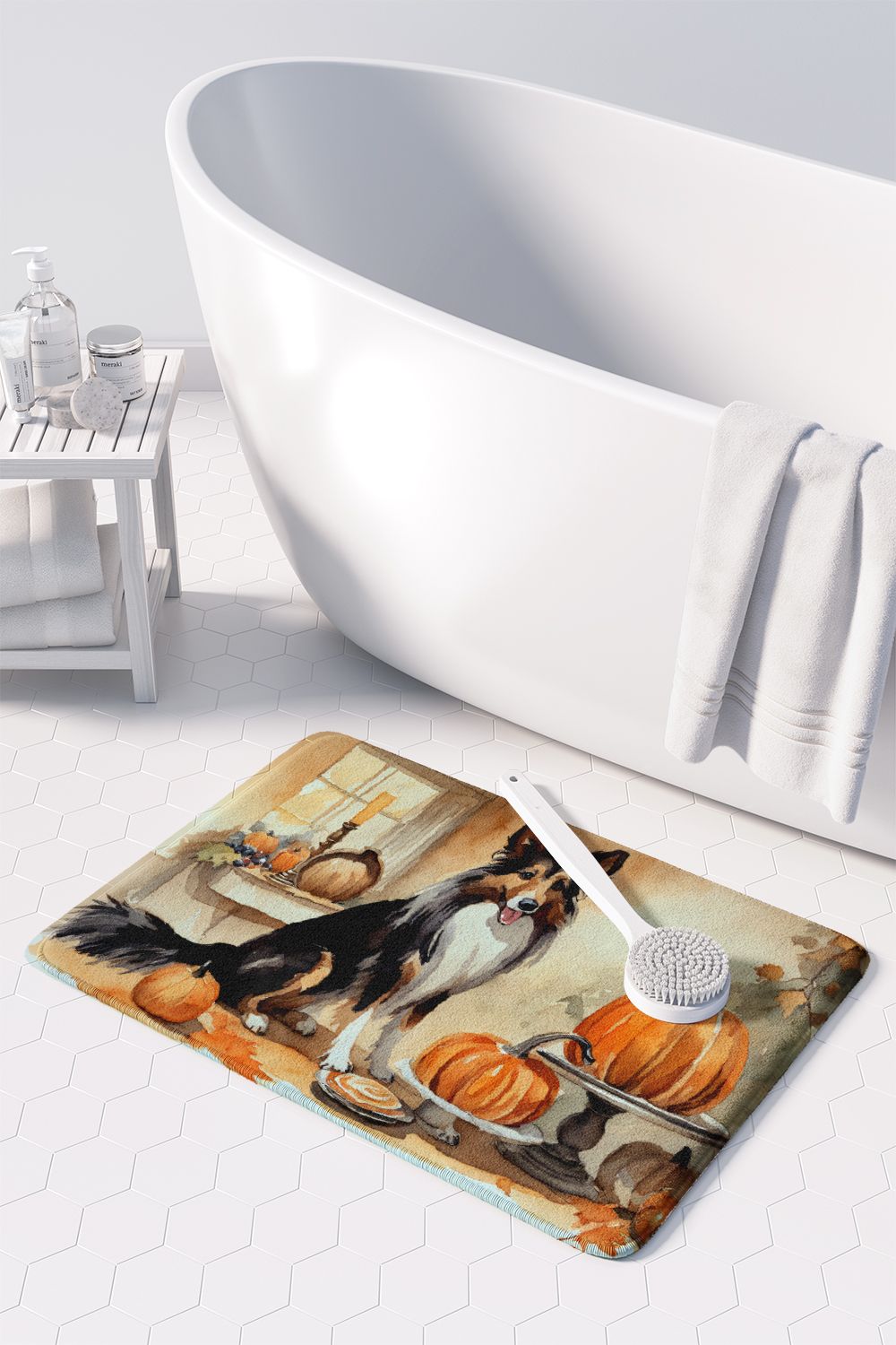 Collie and Fall Pumpkins Cushioned Kitchen Mat