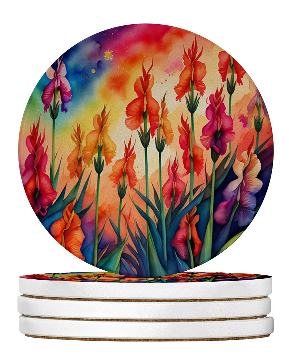 Colorful Gladiolus Large Sandstone Coasters - Pack of 4 Absorbent Round Coasters