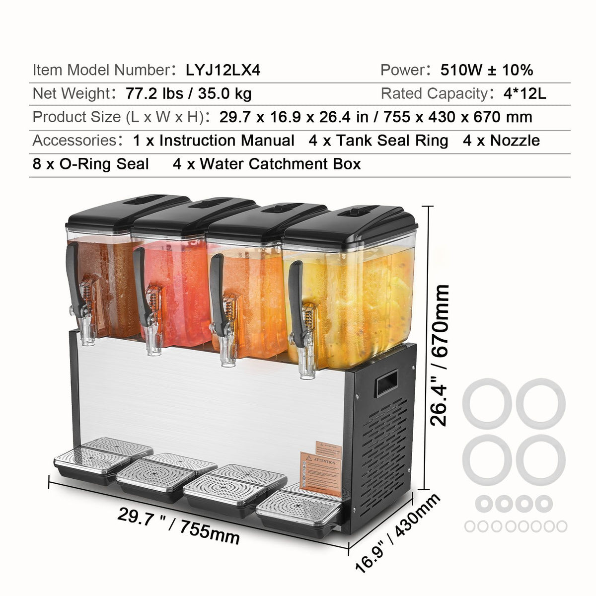 Four-Tank Commercial Chilled Beverage Dispenser with Stirring