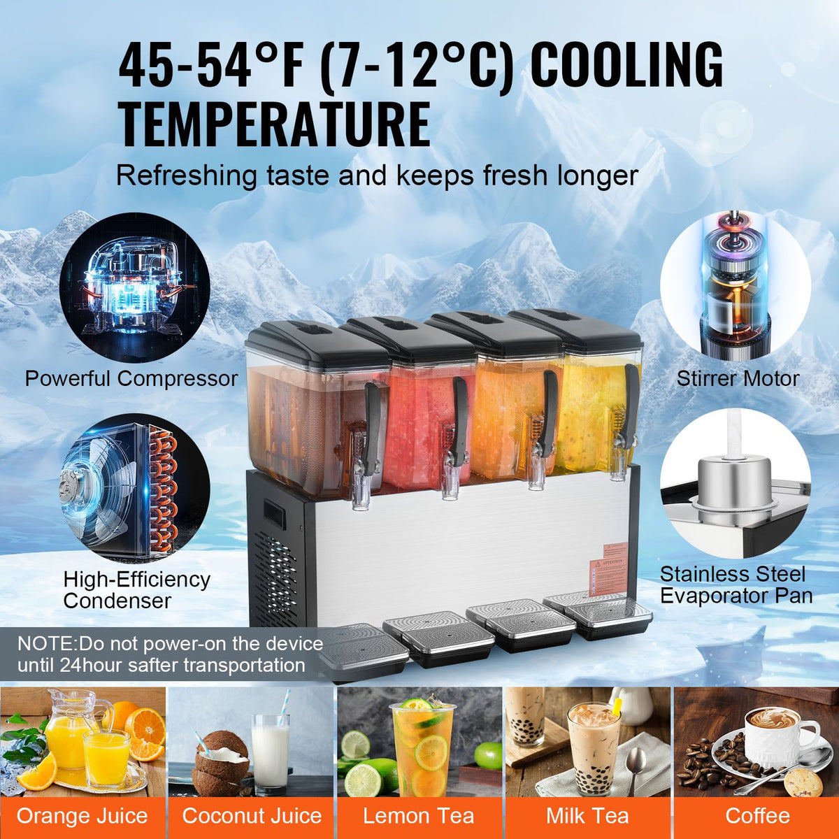 Four-Tank Commercial Chilled Beverage Dispenser with Stirring