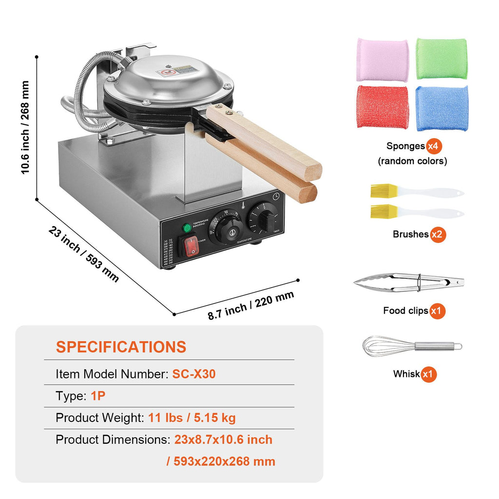 1400W Commercial Bubble Waffle Maker with Rotating Non-Stick Plates