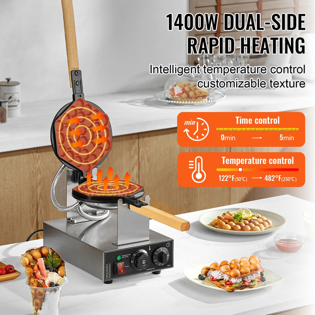1400W Commercial Bubble Waffle Maker with Rotating Non-Stick Plates