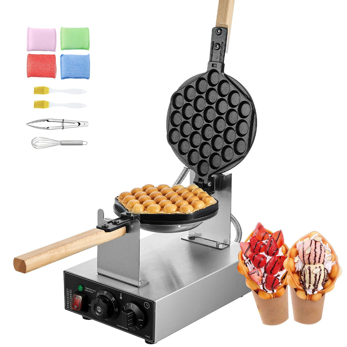 1400W Commercial Bubble Waffle Maker with Rotating Non-Stick Plates