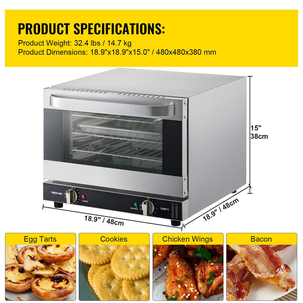 Commercial Convection Oven - 21L Countertop Electric Baking Oven with 1440W, 3-Tier, Front Glass Door