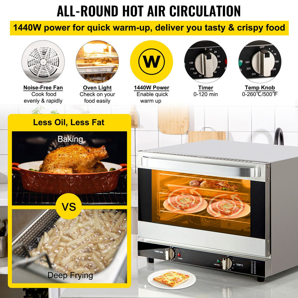 Commercial Convection Oven - 21L Countertop Electric Baking Oven with 1440W, 3-Tier, Front Glass Door