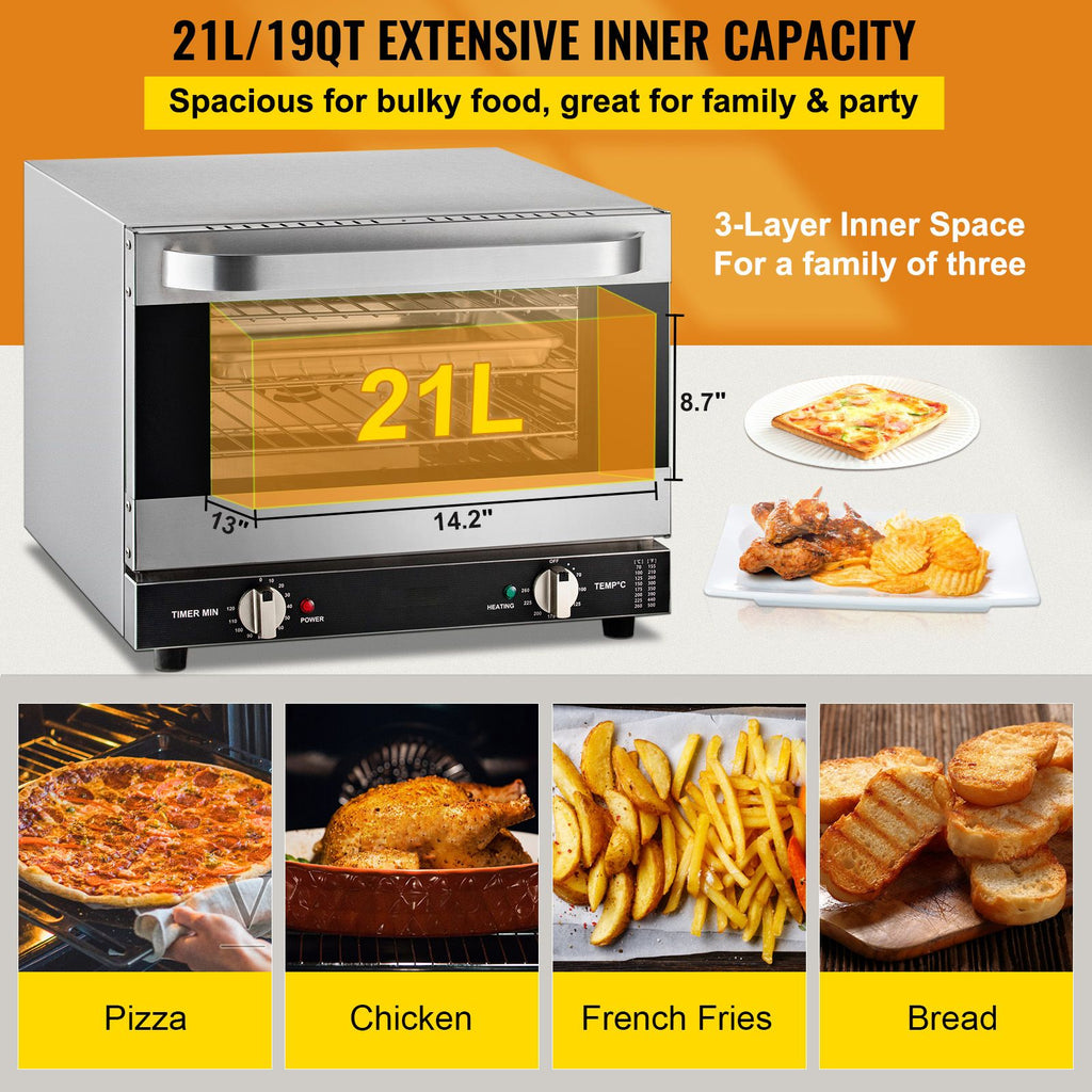 Commercial Convection Oven - 21L Countertop Electric Baking Oven with 1440W, 3-Tier, Front Glass Door