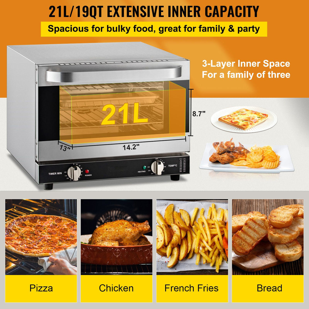 Commercial Convection Oven - 21L Countertop Electric Baking Oven with 1440W, 3-Tier, Front Glass Door