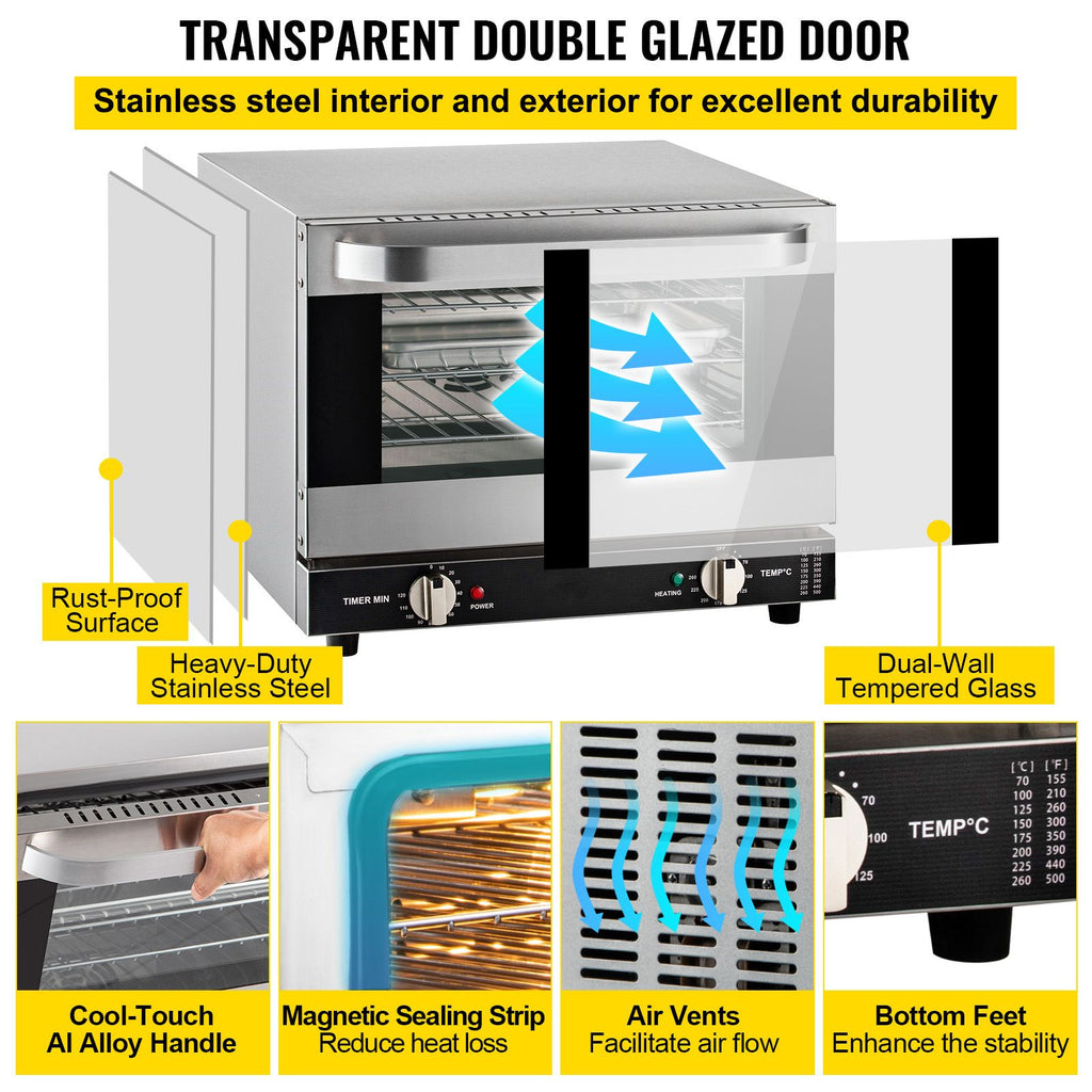 Commercial Convection Oven - 21L Countertop Electric Baking Oven with 1440W, 3-Tier, Front Glass Door