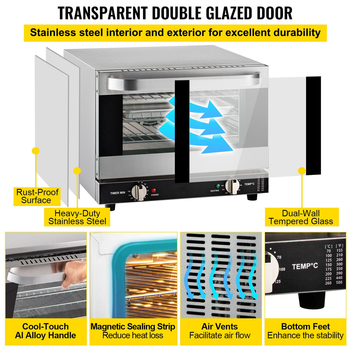 Commercial Convection Oven - 21L Countertop Electric Baking Oven with 1440W, 3-Tier, Front Glass Door