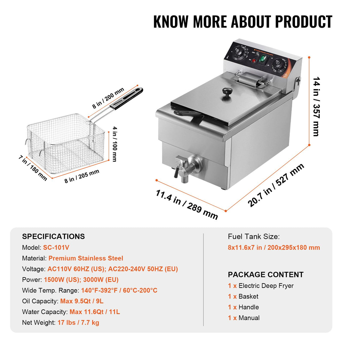 Commercial Electric Countertop Deep Fryer with Timer and Temperature Control