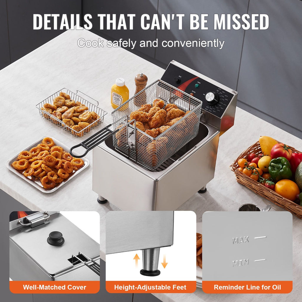 Commercial Deep Fryer, 1750W Electric Countertop Fryer with Basket & Height-Adjustable, 12Qt /