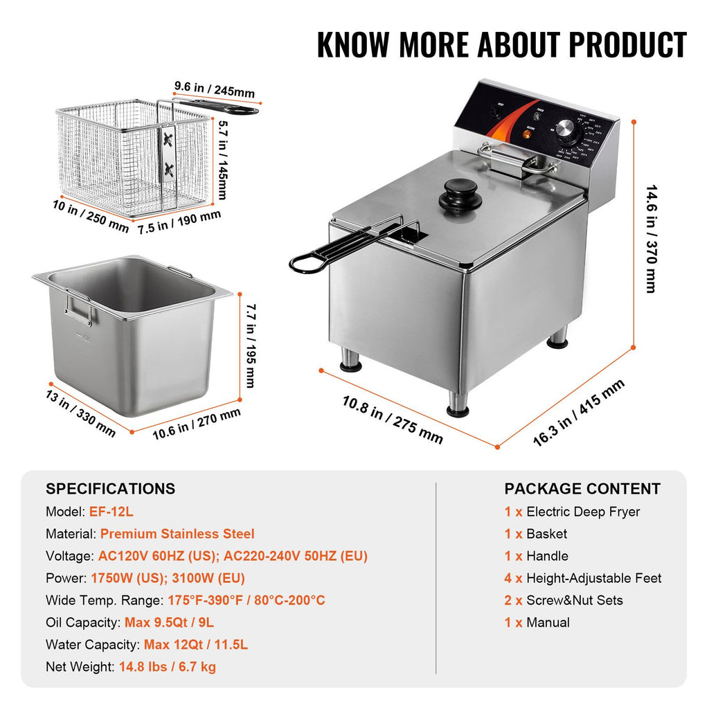 Commercial Deep Fryer, 1750W Electric Countertop Fryer with Basket & Height-Adjustable, 12Qt /