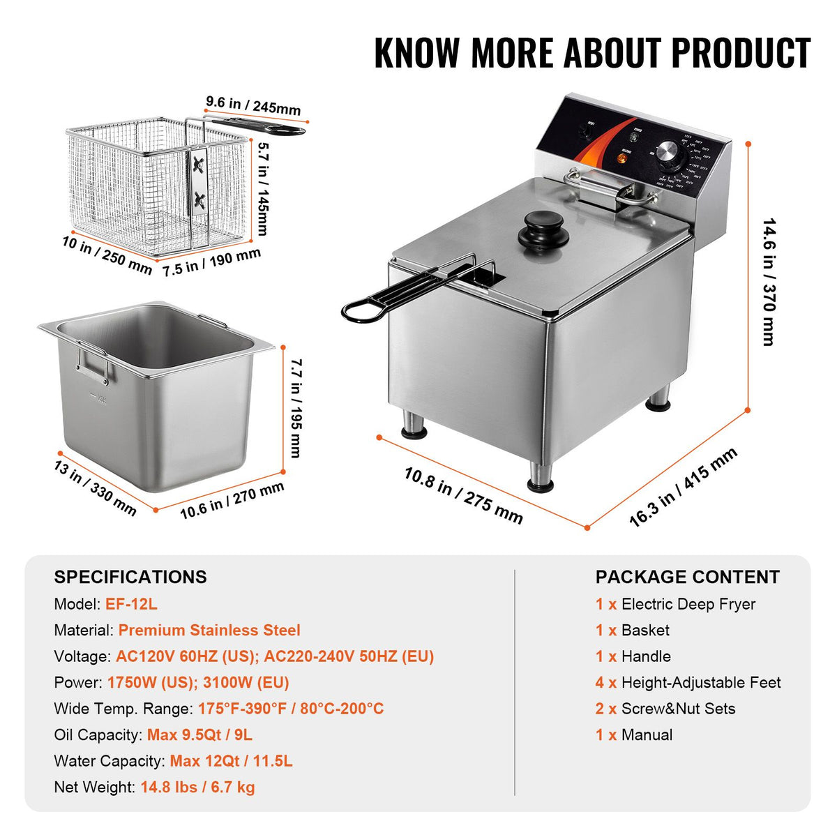 Commercial Deep Fryer, 1750W Electric Countertop Fryer with Basket & Height-Adjustable, 12Qt /