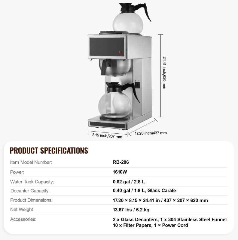 Commercial Drip Coffee Brewer with Glass Pots and Thermal Trays