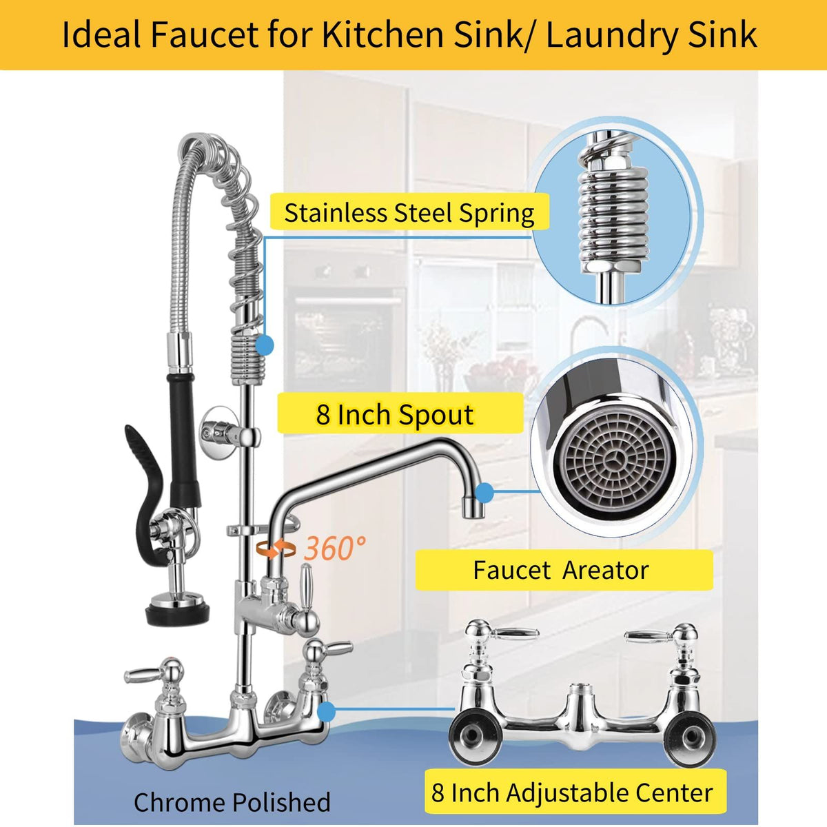Wall-Mount Commercial Faucet with Pre-Rinse Sprayer