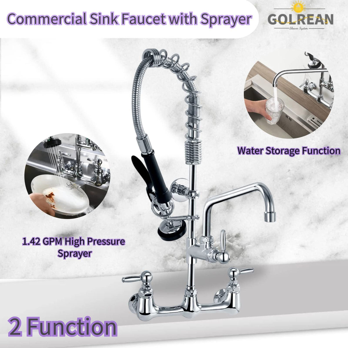 Wall-Mount Commercial Faucet with Pre-Rinse Sprayer
