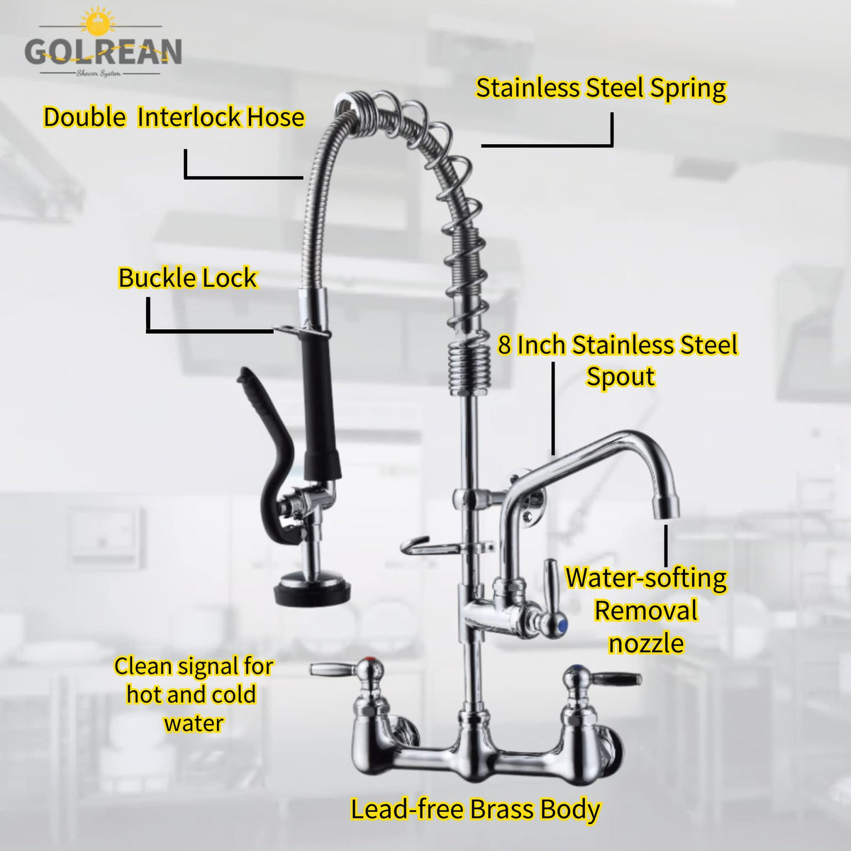 Wall-Mount Commercial Faucet with Pre-Rinse Sprayer