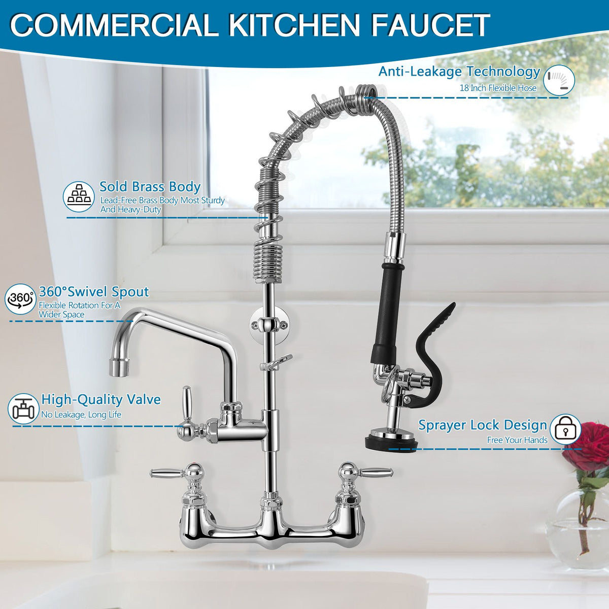 Wall-Mount Commercial Faucet with Pre-Rinse Sprayer