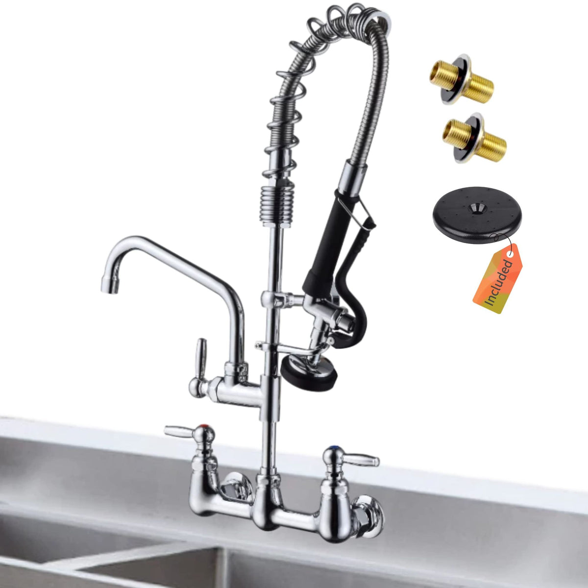Wall-Mount Commercial Faucet with Pre-Rinse Sprayer