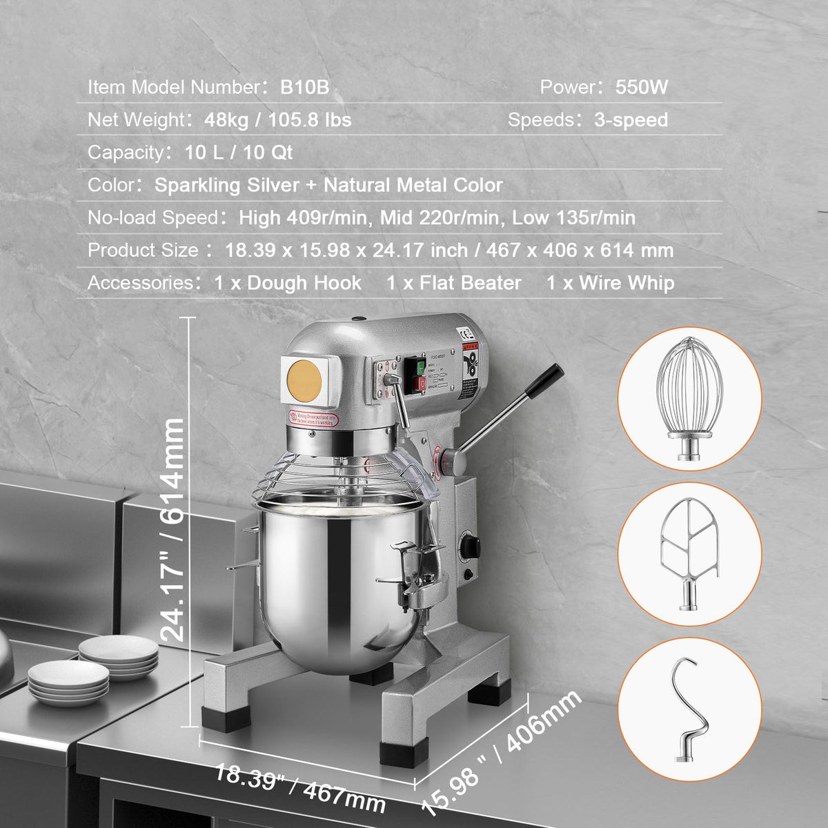 Commercial Stand Mixer with Timer and Three Attachments
