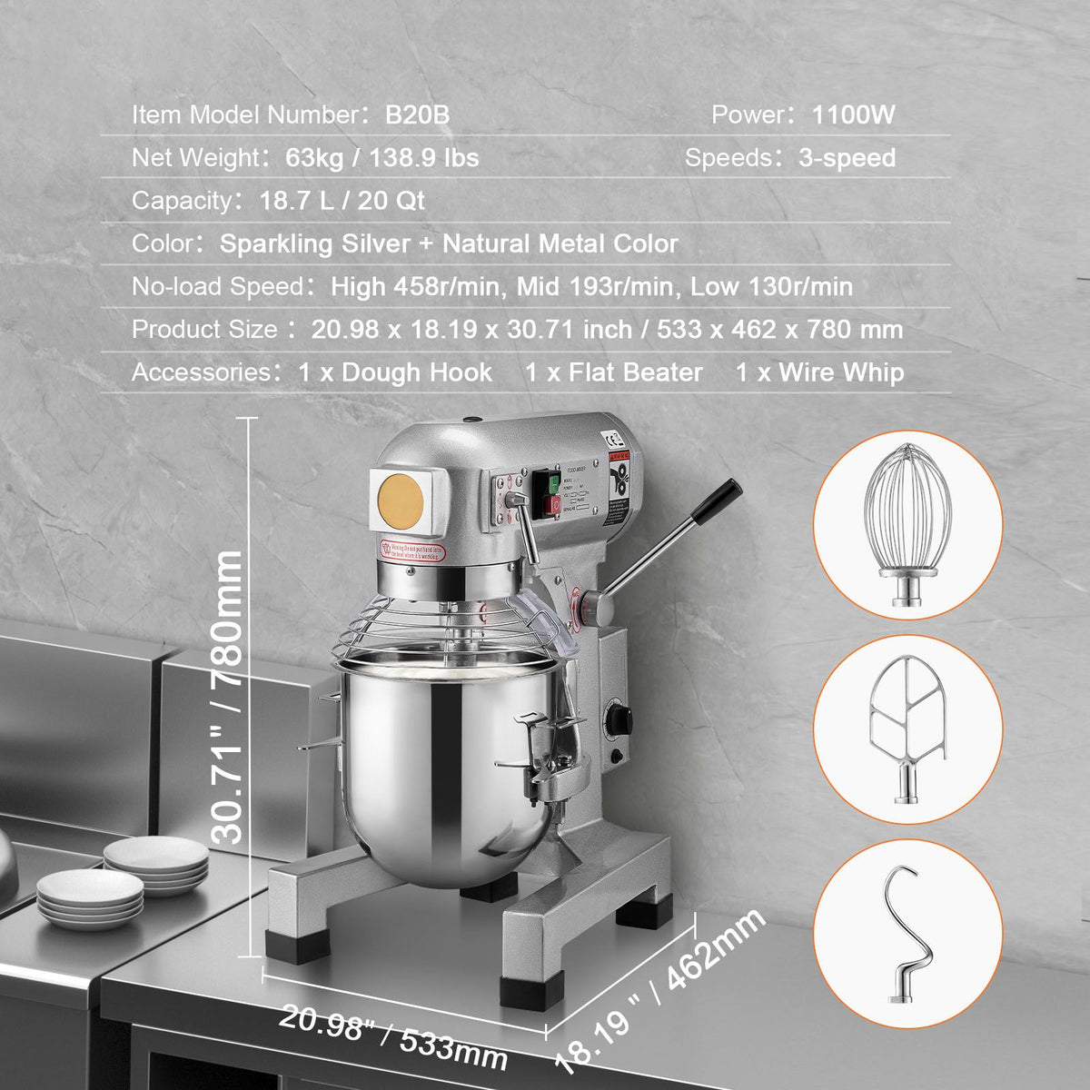 VEVOR Commercial Stand Mixer with Three Speeds and Attachments