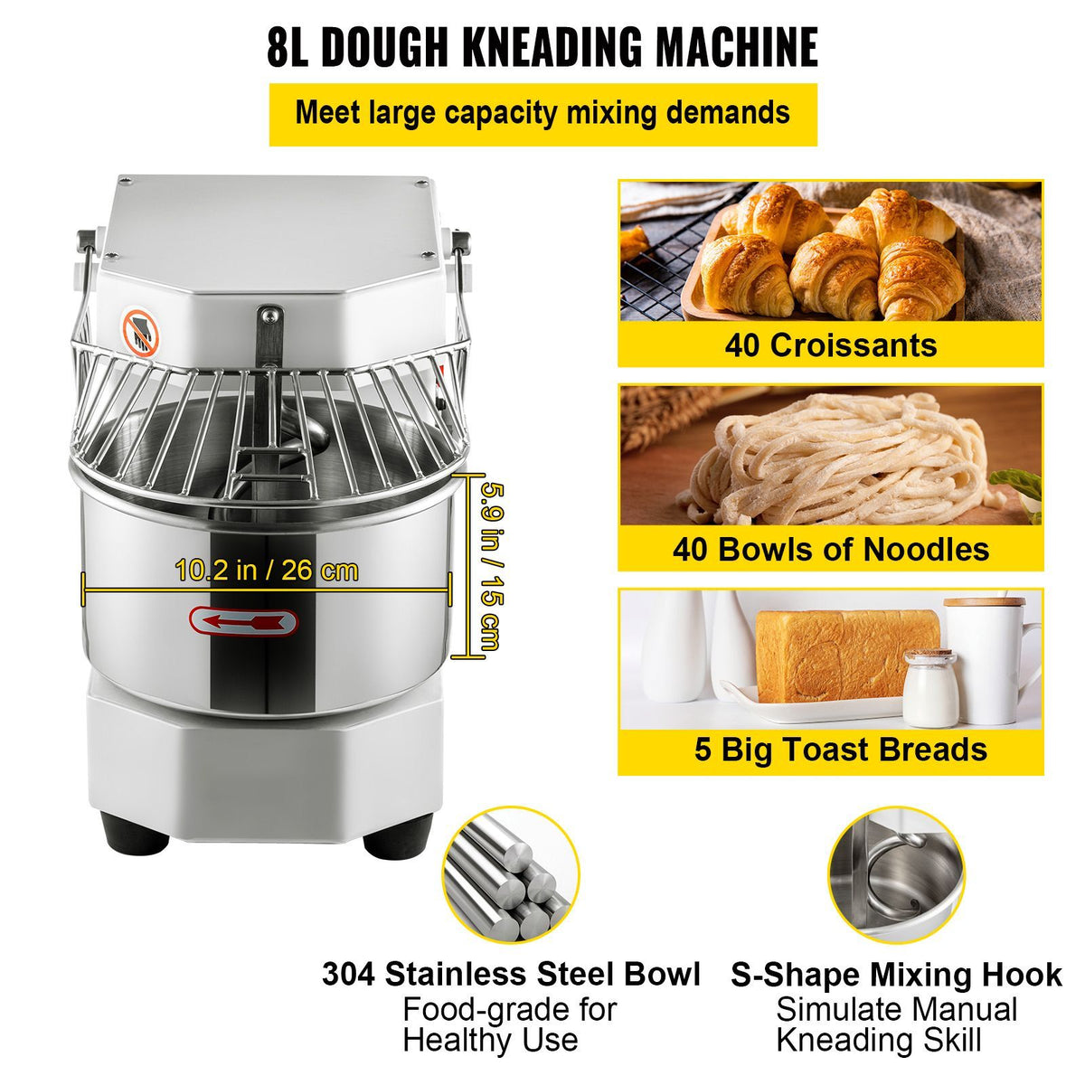 Commercial Food Mixer, 7.3Qt Capacity, 450W Dual Rotating Dough Kneading Machine with