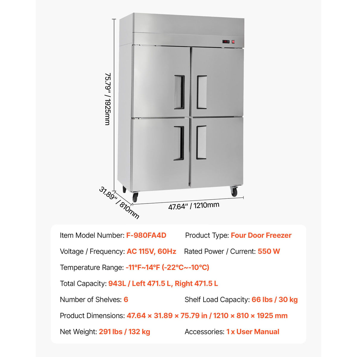 Four-Door Commercial Reach-In Freezer