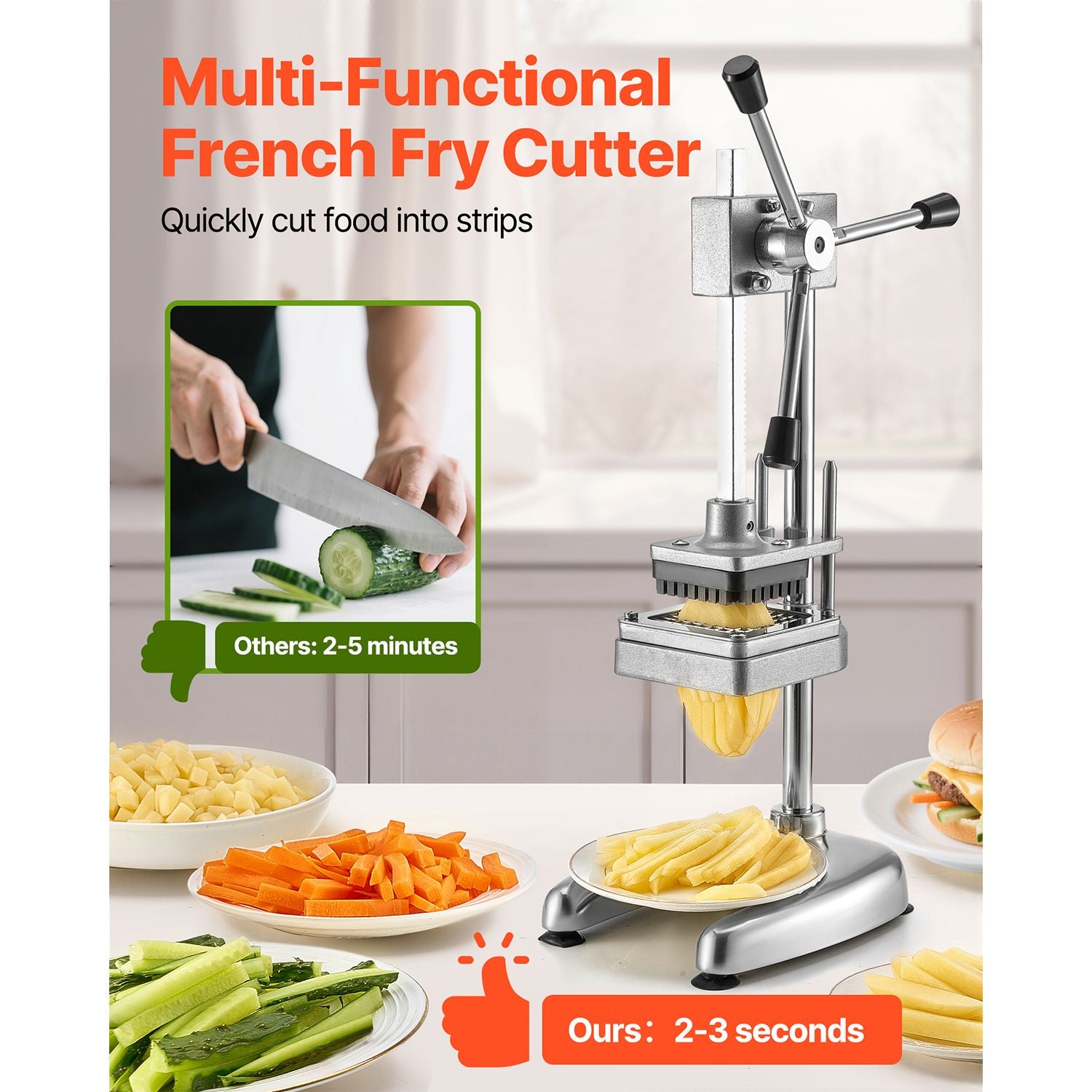 Commercial French Fry Cutter with 3 Stainless Steel Blades – Manual Vegetable Chopper