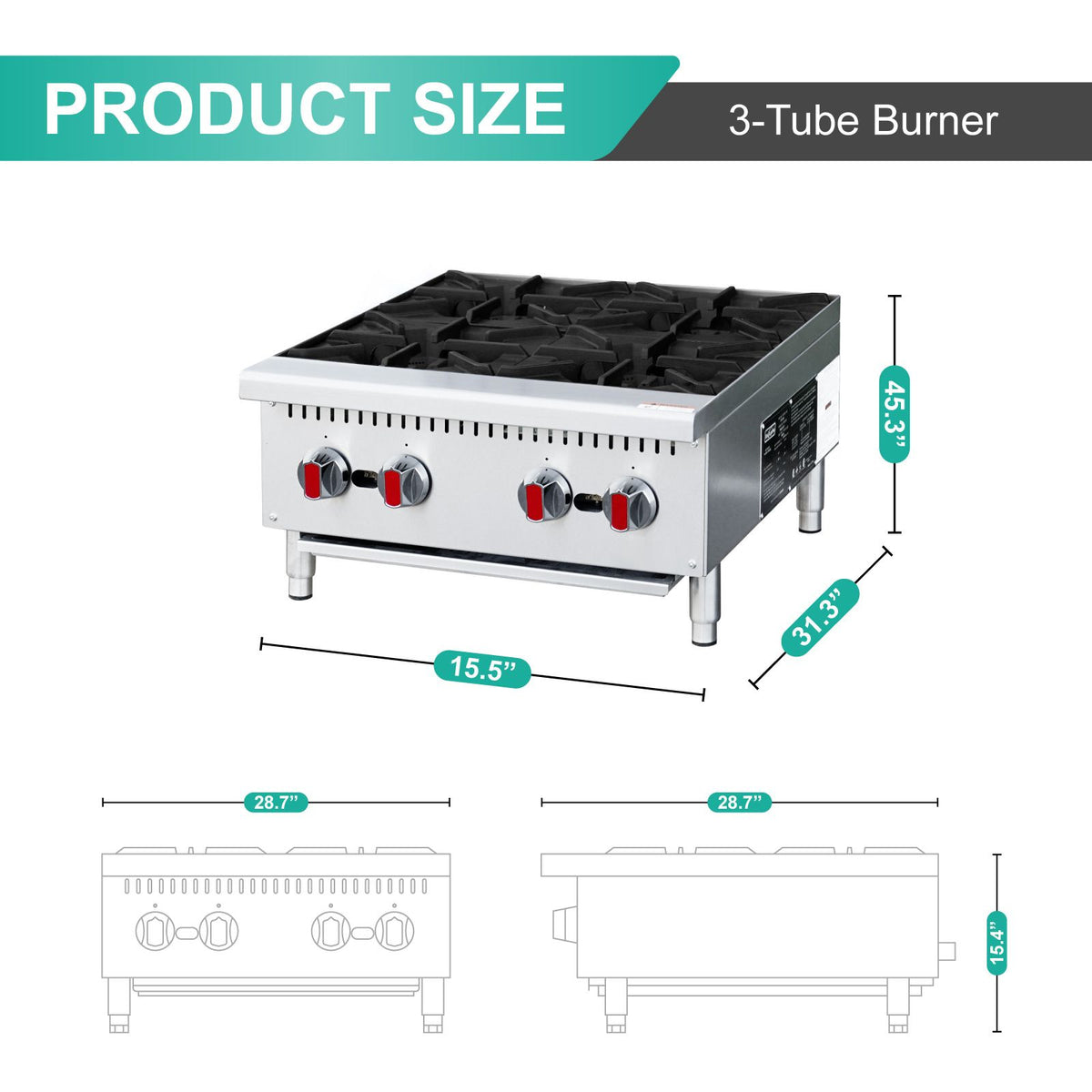 practical Commercial Gas Stove – 4 Burners, 100,000 BTU Countertop Range