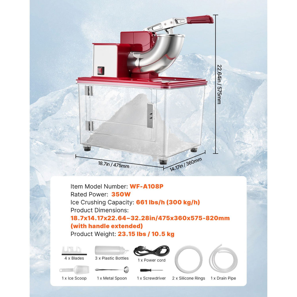 High-Efficiency Commercial Ice Crusher /H – Electric Snow Cone Machine with 350W Motor & 11 Gal Bin