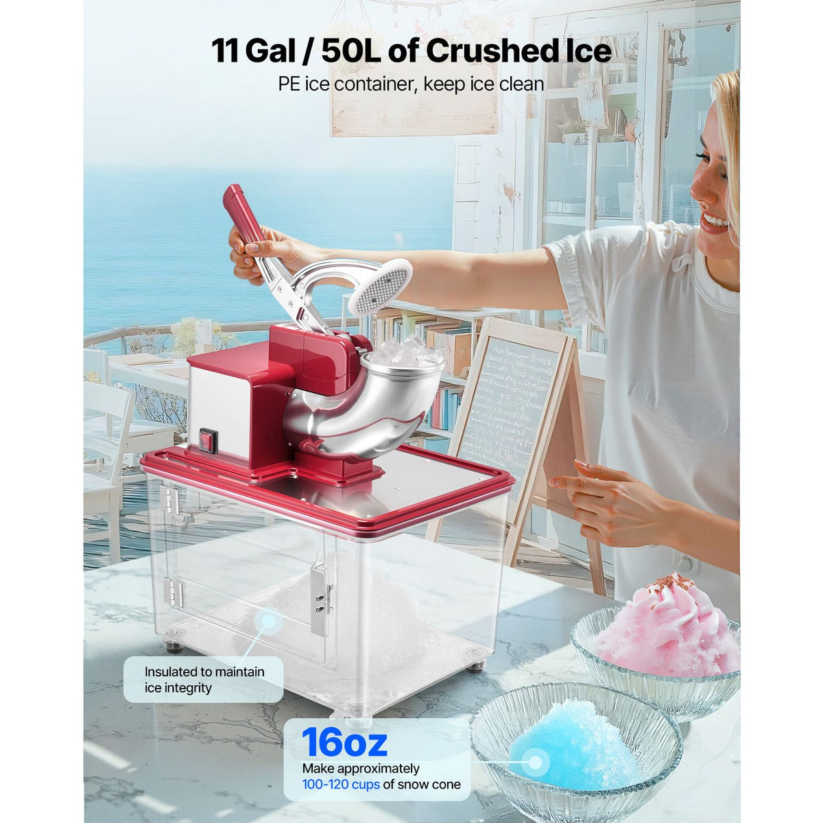 High-Efficiency Commercial Ice Crusher /H – Electric Snow Cone Machine with 350W Motor & 11 Gal Bin