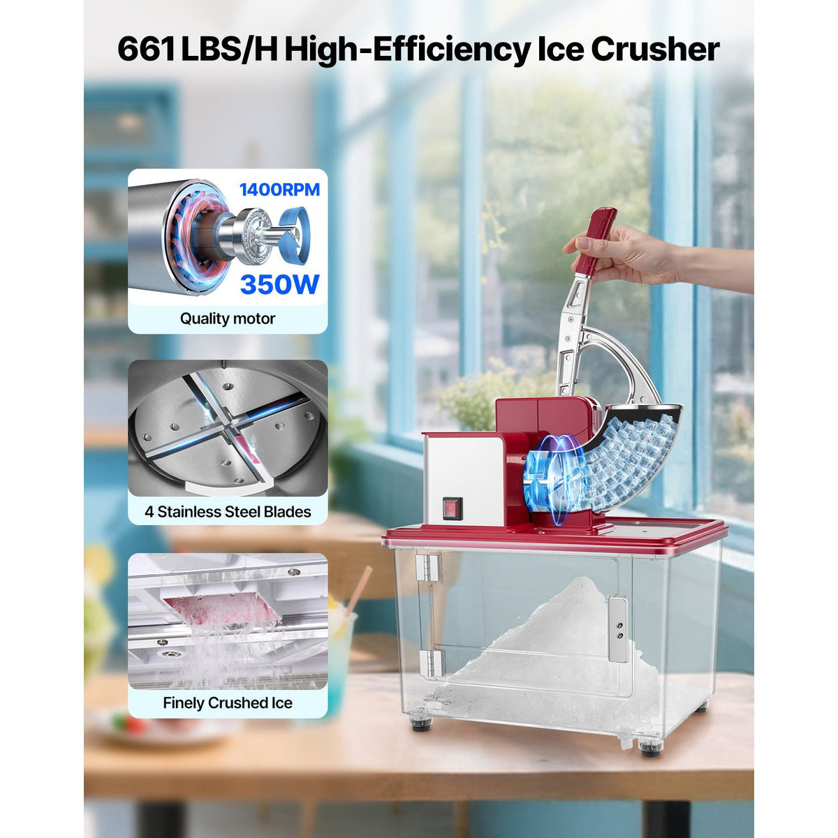 High-Efficiency Commercial Ice Crusher /H – Electric Snow Cone Machine with 350W Motor & 11 Gal Bin