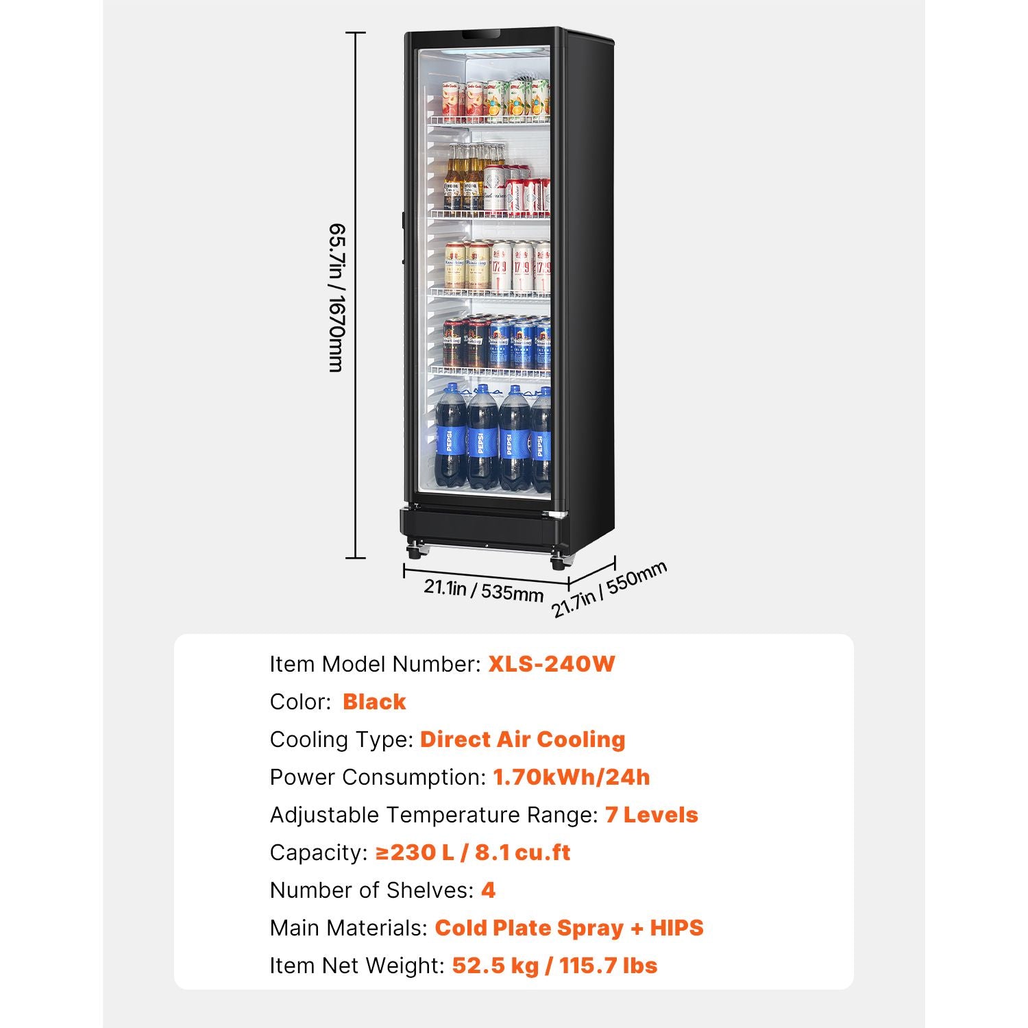 Commercial Merchandiser Refrigerator with Glass Door and LED Lighting