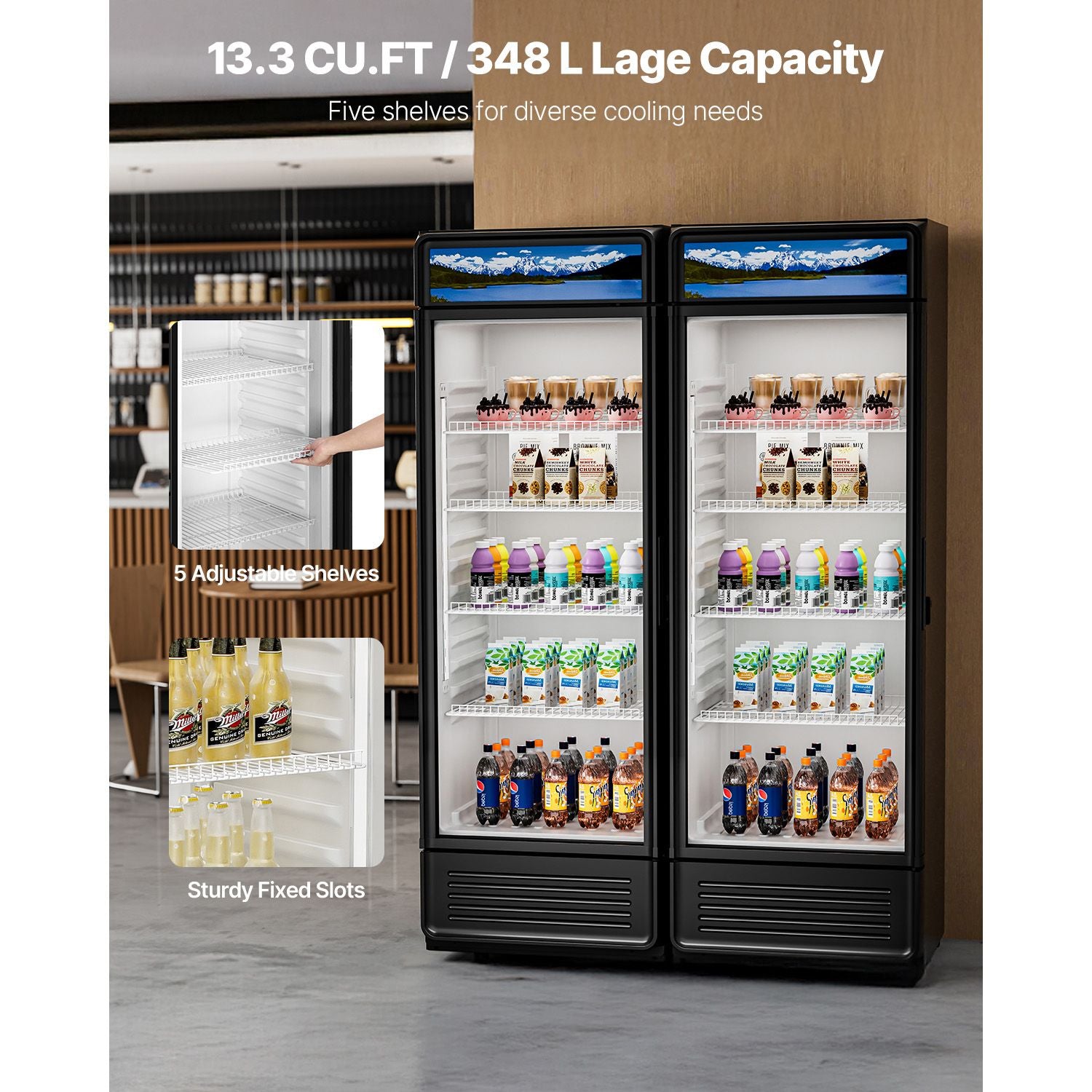 Commercial Merchandiser Refrigerator with Double-Layer Glass Door and LED Lightbox