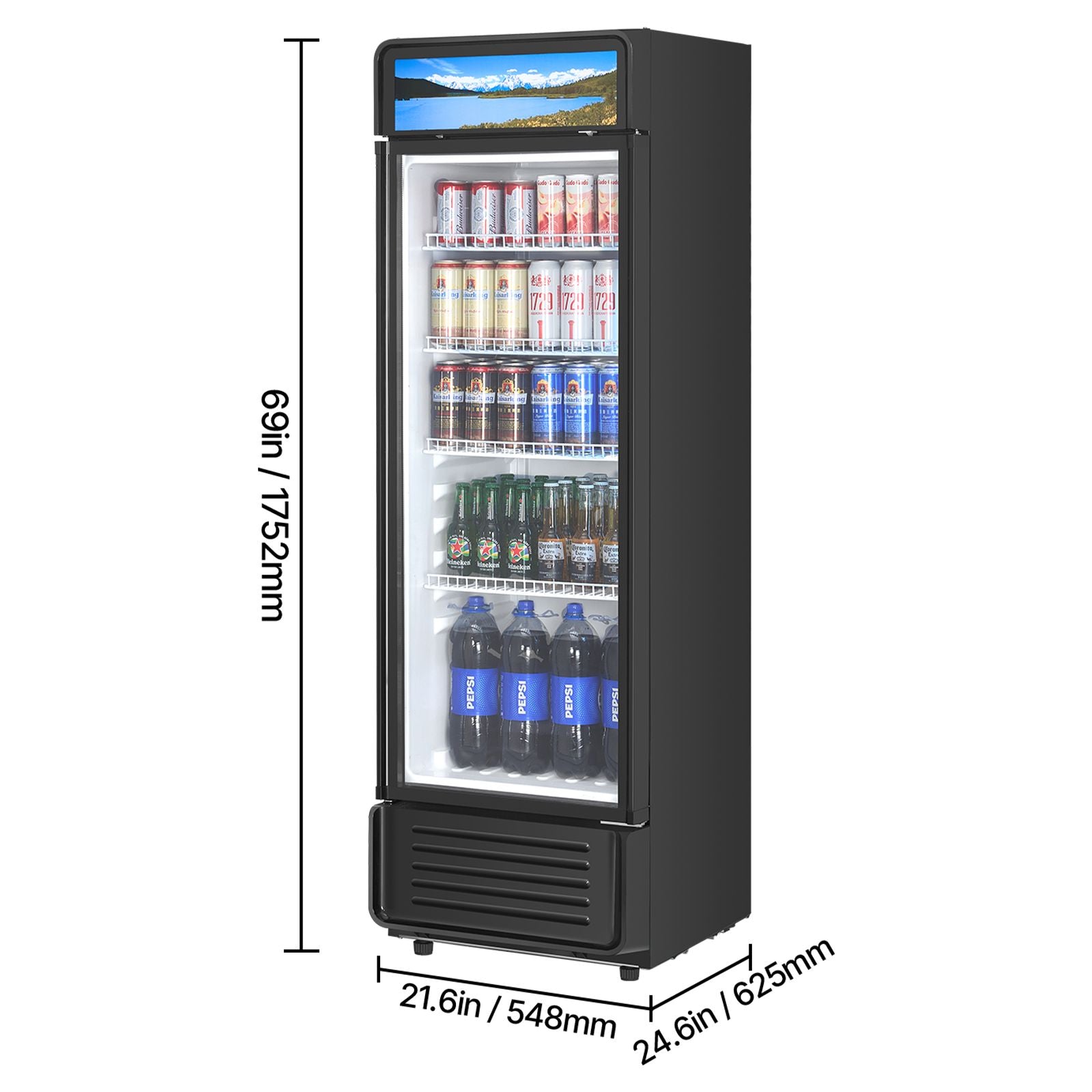 Commercial Merchandiser Refrigerator with Double-Layer Glass Door and LED Lightbox