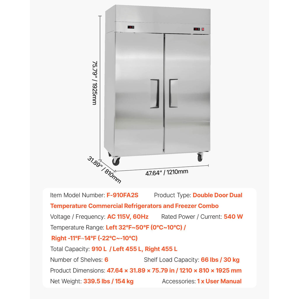 31.1 Cu. Commercial Refrigerator and Freezer Combo with Dual-Temperature Control