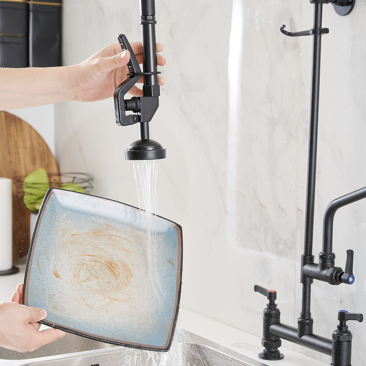 Commercial Wall Mount Pre-Rinse Kitchen Faucet with Dual Handles