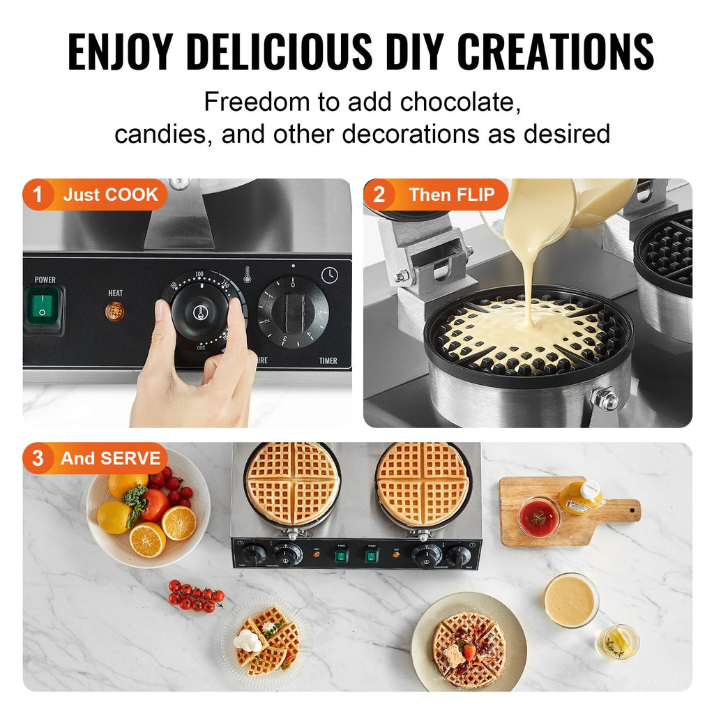 Commercial Waffle Maker, Dual-Head Round Waffle Baker Machine, 2460W Non-Stick Stainless Steel Belgi