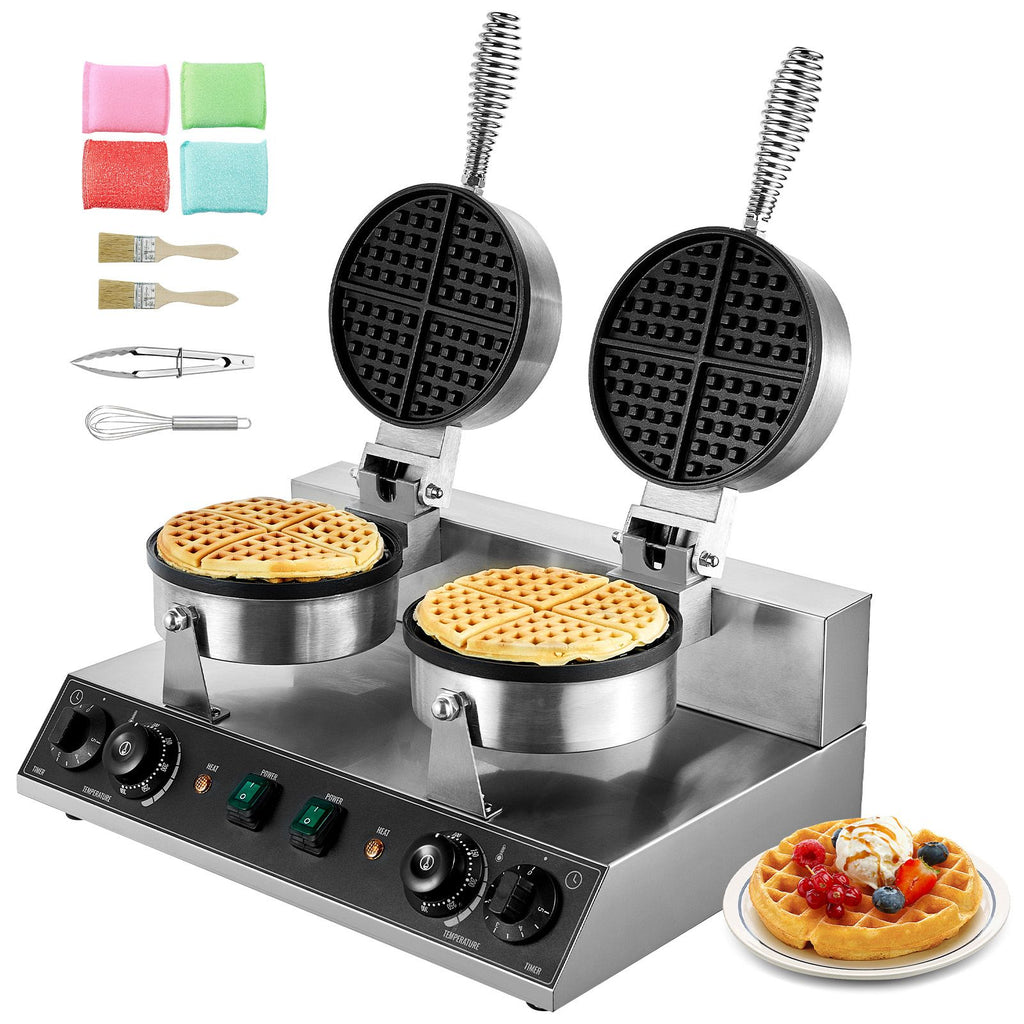 Commercial Waffle Maker, Dual-Head Round Waffle Baker Machine, 2460W Non-Stick Stainless Steel Belgi