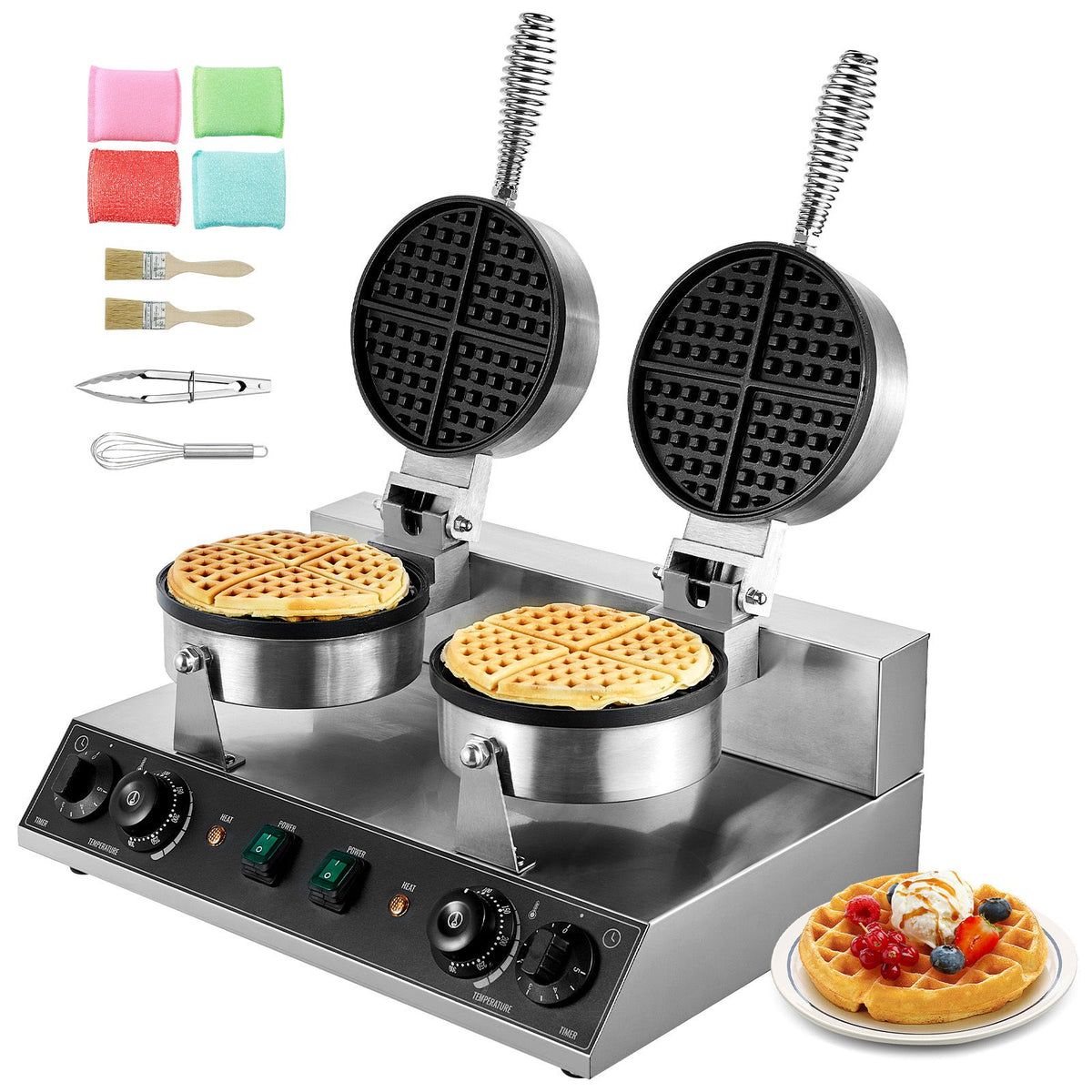 Commercial Waffle Maker, Dual-Head Round Waffle Baker Machine, 2460W Non-Stick Stainless Steel Belgi