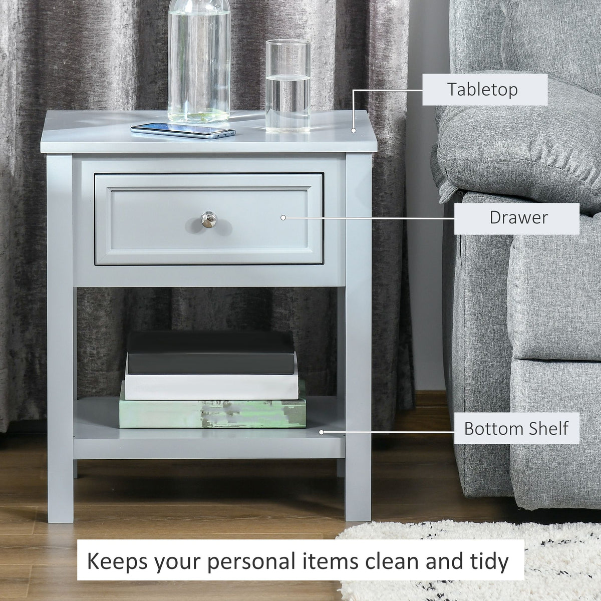 Compact Convenience: Gray End Table with Drawer and Bottom Shelf for Living Spaces