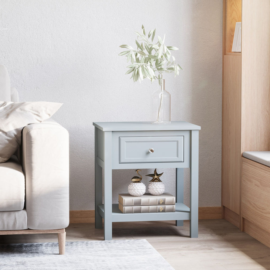 Compact Convenience: Gray End Table with Drawer and Bottom Shelf for Living Spaces