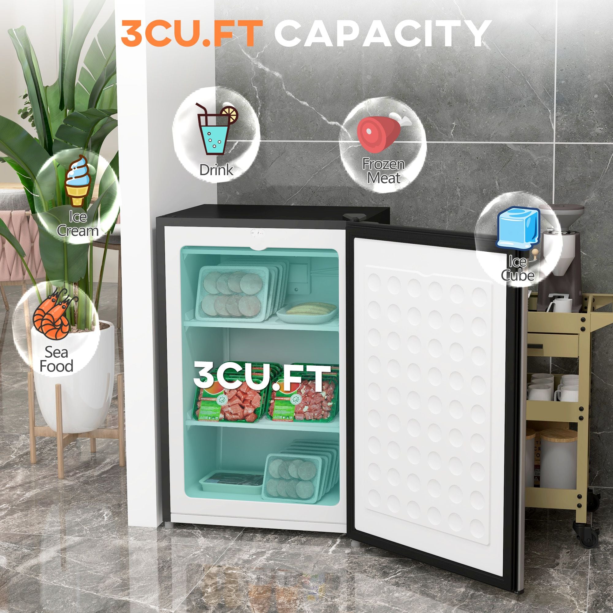 Compact Upright Freezer with Adjustable Thermostat & Reversible Door