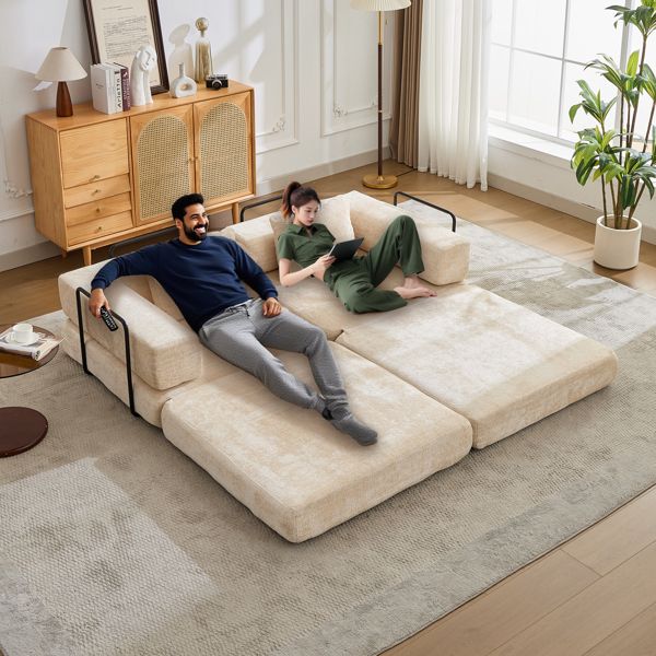 Convertible Floor Sofa Bed – No Assembly, Chenille Fabric, Beige