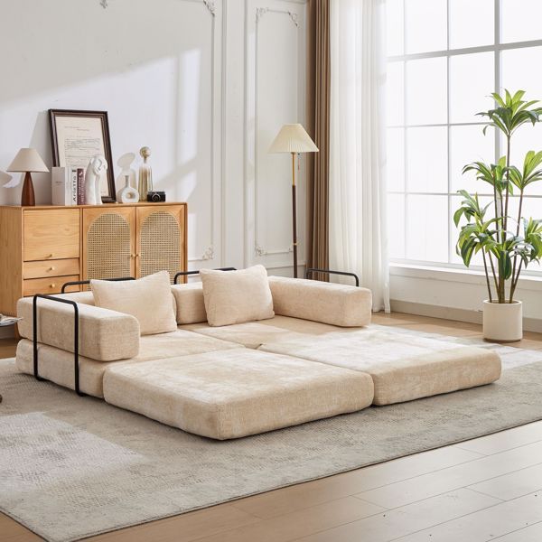 Convertible Floor Sofa Bed – No Assembly, Chenille Fabric, Beige