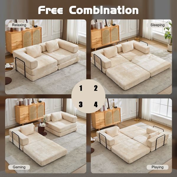 Convertible Floor Sofa Bed – No Assembly, Chenille Fabric, Beige