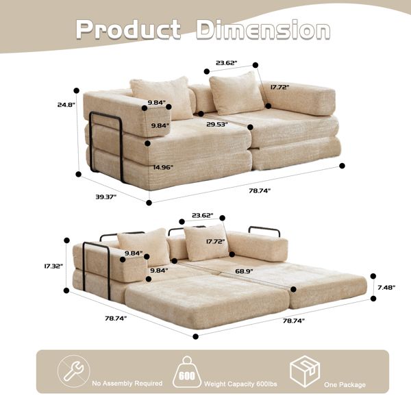 Convertible Floor Sofa Bed – No Assembly, Chenille Fabric, Beige