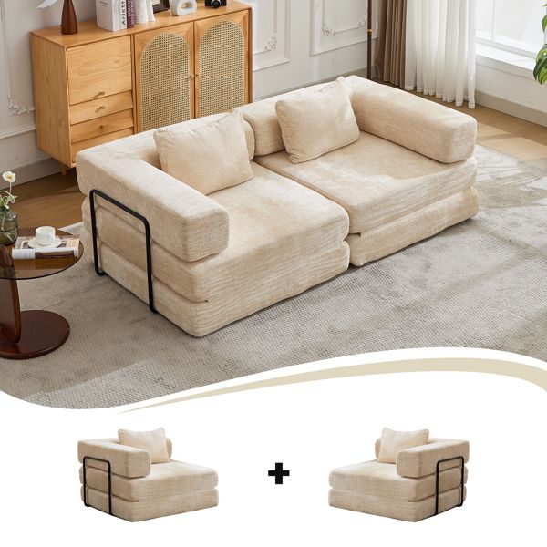 Convertible Floor Sofa Bed – No Assembly, Chenille Fabric, Beige