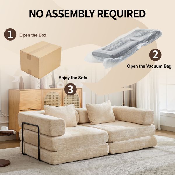 Convertible Floor Sofa Bed – No Assembly, Chenille Fabric, Beige